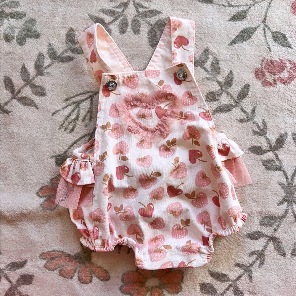 Pink Heart Apple Print Baby Overalls